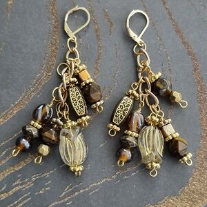Pierced Clustered Drop Earrings with Lever Backs Tigers Eye Glass Handcrafted